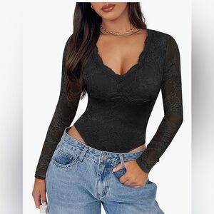 NEW Black Lace V Neck Long Sleeve Bodysuit Lined Y2K Top M